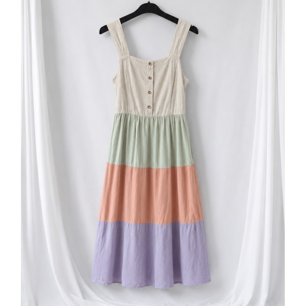 Pastel Colorblock Sundress Womens M Smocked Midi Cottagecore Prairie Linen Dress